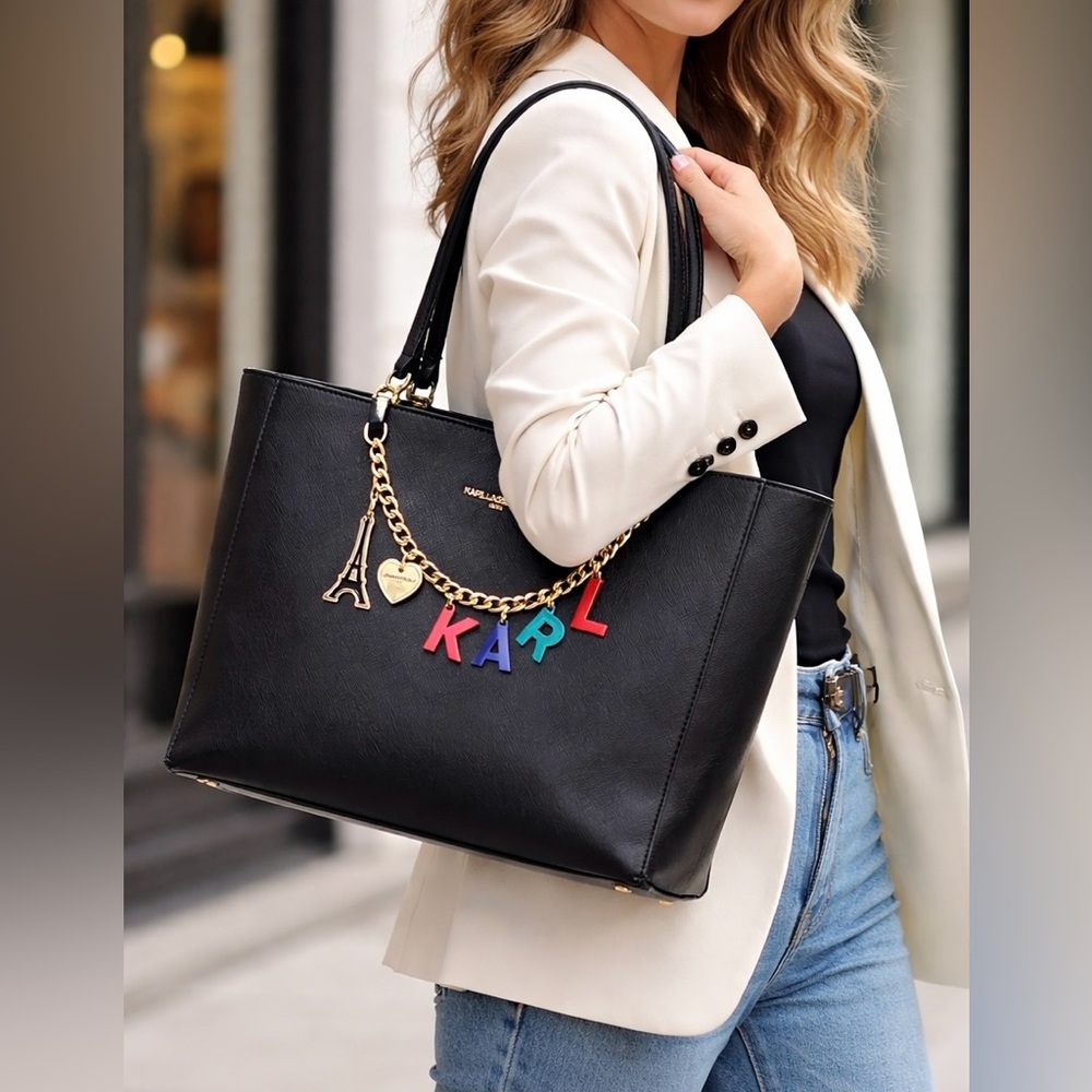 ✨ Karl Lagerfeld Black Saffiano Tote Gold Chain‎ Charm Designer Bag ✨